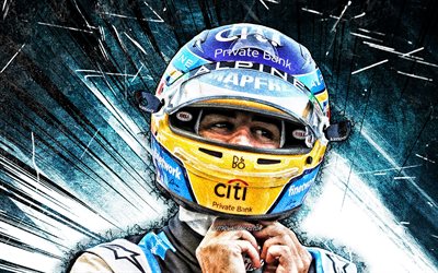 4k, Fernando Alonso, grunge art, Alpine F1 Team, spanish racing drivers, Formula 1, blue abstract rays, F1 2021, Fernando Alonso Alpine