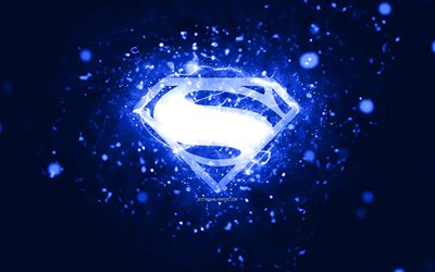 superman logotipo azul escuro, 4k, azul escuro luzes de neon, criativo, azul escuro abstrato de fundo, superman logotipo, super-her&#243;is, superman