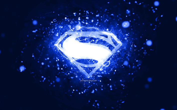 superman logo bleu foncé, 4k, néons bleu foncé, créatif, fond abstrait bleu foncé, logo superman, super-héros, superman