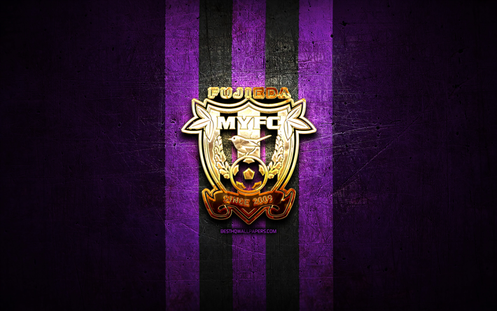 fujieda myfc, logotipo dourado, j3 league, violeta metal de fundo, futebol, clube de futebol japon&#234;s, fujieda myfc logotipo, fujieda maiefushi