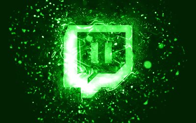 شعار twitch الأخضر, 4k, أضواء النيون الخضراء, خلاق, أخضر، جرد، الخلفية, شعار twitch, شبكة اجتماعية, تويتش