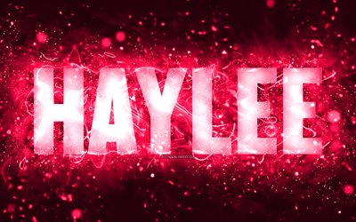 joyeux anniversaire haylee, 4k, rose n&#233;on, haylee nom, cr&#233;atif, haylee joyeux anniversaire, haylee anniversaire, les noms f&#233;minins am&#233;ricains populaires, photo avec haylee nom, haylee