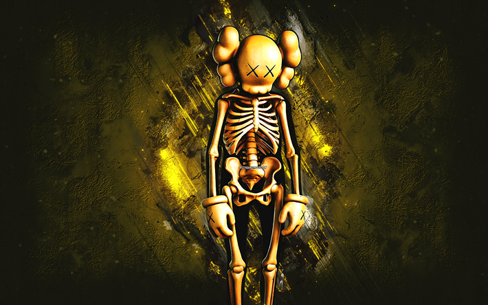Fortnite Orange KAWS Skeleton Skin, Fortnite, main characters, yellow stone background, Orange KAWS Skeleton, Fortnite skins, Orange KAWS Skeleton Skin, Orange KAWS Skeleton Fortnite, Fortnite characters