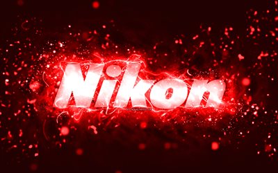 شعار نيكون الأحمر, 4k, أضواء النيون الحمراء, خلاق, الأحمر، جرد، الخلفية, شعار نيكون, العلامات التجارية, نيكون