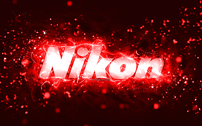 Nikon red logo, 4k, red neon lights, creative, red abstract background, Nikon logo, brands, Nikon
