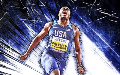 4k, Christian Coleman, grunge art, american sprinter, athlete, USA National Team, blue abstract rays, athletics, Christian Coleman 4K
