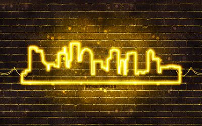 houston sarı neon silueti, 4k, sarı neon ışıkları, houston silueti silueti, sarı brickwall, amerikan şehirleri, neon silueti siluetleri, abd, houston silueti, houston