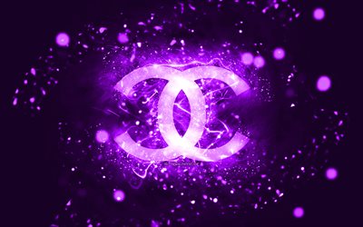 chanel violettes logo, 4k, violette neonlichter, kreativer, violetter abstrakter hintergrund, chanel-logo, modemarken, chanel