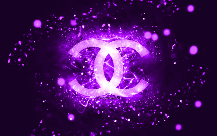 logotipo violeta de chanel, 4k, luces de ne&#243;n violetas, creativo, fondo abstracto violeta, logotipo de chanel, marcas de moda, chanel