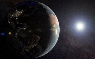 Terra, 4k, notte, emisfero, Sole, citt&#224; dallo spazio, America del Nord, di notte, Sud America durante la notte