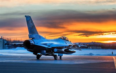 F-16戦闘ファルコン, 軍飛行場, 夕日, 夜, アメリカの戦闘機, 米空軍, 米国, 一般の動力学