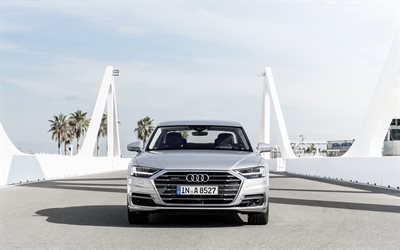 Audi A8, 2019, 4k, ext&#233;rieur, vue de face, nouveau blanc A8 berline de luxe, de la classe affaires, voitures allemandes, Audi