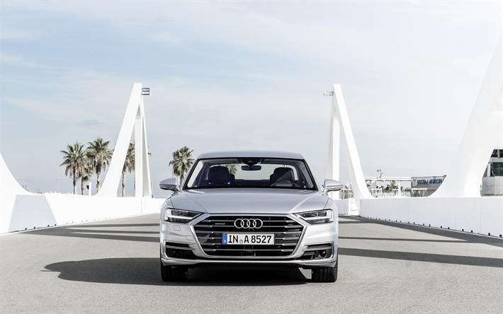 Audi A8, 2019, 4k, exterior, vista frontal, branco novo A8, sedan de luxo, classe executiva, Carros alem&#227;es, Audi