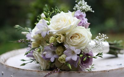 白バラの花, 結婚式の花束, 美しい花, ブライダルブーケ, 紫色の花