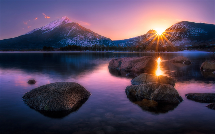 mountain landscape, sunset, evening, mountain lake, silence, stones in the water