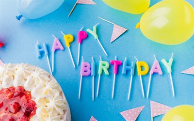 Buon compleanno, lettere candele, torta, blu, sfondo, complimenti
