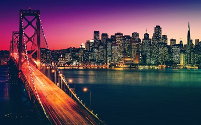 جسر البوابة الذهبية, غروب الشمس, 4k, مناظر المدينة, الولايات المتحدة الأمريكية, سان فرانسيسكو, nightscapes, أمريكا, كاليفورنيا
