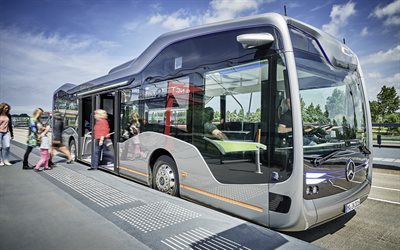 4k, Mercedes-Benz Framtida Buss, street, 2018 bussar, bussh&#229;llplats, persontransporter, Framtida Buss, Mercedes