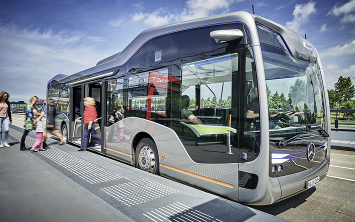 4k, المستقبل من مرسيدس-بنز الحافلات, الشارع, 2018 الحافلات, الحافلات, نقل الركاب, المستقبل الحافلة, مرسيدس