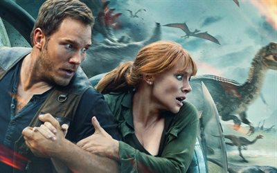 Jurassic World Fallen Kingdom, 2018, Chris Pratt, Bryce Dallas Howard, Jurassic World 2, fantasy, adventure, poster, main characters