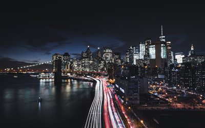 New York, Manhattan, Paysage urbain, nuit, gratte-ciel, autoroute, phares de voiture, le soir, la m&#233;tropole, etats-unis, les villes Am&#233;ricaines