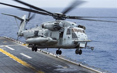 Sikorsky CH-53E Super Stallion, heavy transport helicopter, US Navy, US military helicopters, aircraft carrier deck, helicopter take-off, USA, CH-53E