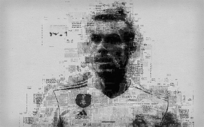 Gareth Bale, art, 4k, muotokuva, sanomalehti taide, kasvot, typografia, juliste, Welsh jalkapalloilija, muotokuva kirjaimet, Real Madrid, Espanja, La Liga