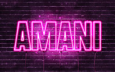 Amani, 4k, sfondi per il desktop con i nomi, nomi di donna, Amani nome, viola neon, buon Compleanno Amani, foto con Amani nome