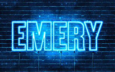 Emery, 4k, wallpapers with names, horizontal text, Emery name, Happy Birthday Emery, blue neon lights, picture with Emery name