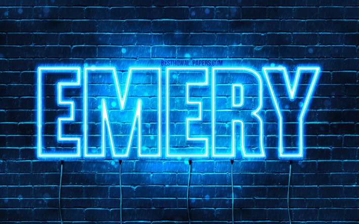 Emery, 4k, sfondi per il desktop con i nomi, il testo orizzontale, Emery nome, Felice Compleanno Emery, neon blu, immagine con nome Emery