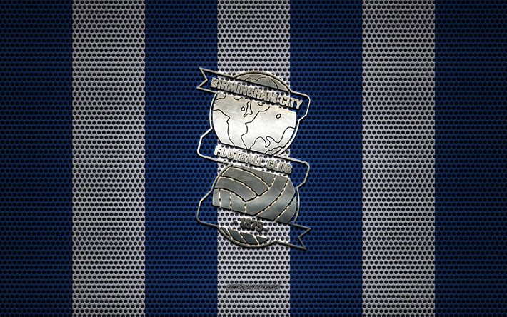 FC Birmingham City logo, club di calcio inglese, metallo emblema, bianco e blu, di maglia di metallo sfondo, Birmingham City FC, EFL Campionato, Birmingham, South Yorkshire, in Inghilterra, il calcio
