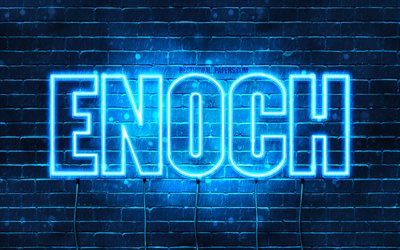 Enoch, 4k, les papiers peints avec les noms, le texte horizontal, Enoch nom, Joyeux Anniversaire Enoch, bleu n&#233;on, photo avec H&#233;noc, du nom de