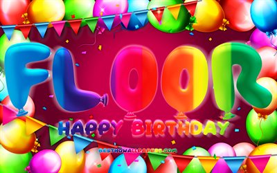 Happy Birthday Floor, 4k, colorful balloon frame, Floor name, purple background, Floor Happy Birthday, Floor Birthday, popular dutch female names, Birthday concept, Floor
