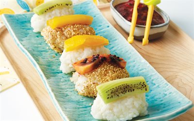 obst-nigiri, sushi, asiatisches essen, nigiri, fastfood, fruchtig nigiri -, obst-sushi