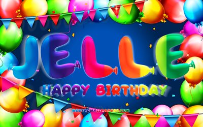 お誕生日おめでJelle, 4k, カラフルバルーンフレーム, Jelle名, 青色の背景, Jelleお誕生日おめで, Jelle誕生日, 人気のオランダの男性の名前, 誕生日プ, Jelle