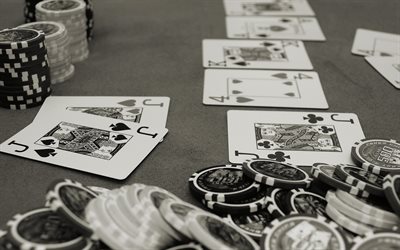 cartes &#224; jouer, poker, monochrome, casino concepts, table de poker, jeux de cartes de poker