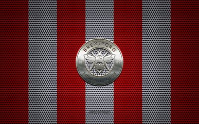 Brentford FC logo, English football club, metal emblem, red and white metal mesh background, Brentford FC, EFL Championship, Brentford, Greater London, England, football