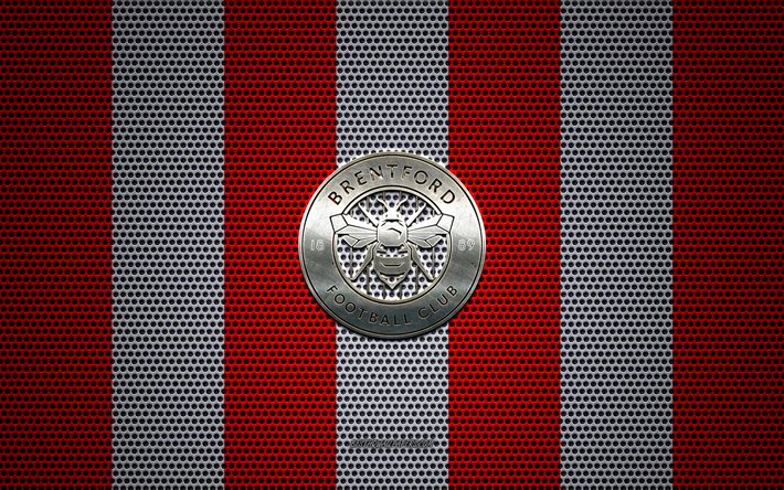 Brentford FC logotyp, Engelska football club, metall emblem, r&#246;d och vit metall mesh bakgrund, Brentford FC, EFL Championship, Brentford, Greater London, England, fotboll