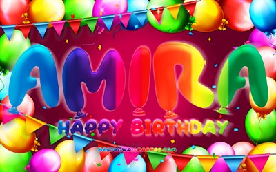 Happy Birthday Amira, 4k, colorful balloon frame, Amira name, purple background, Amira Happy Birthday, Amira Birthday, popular dutch female names, Birthday concept, Amira