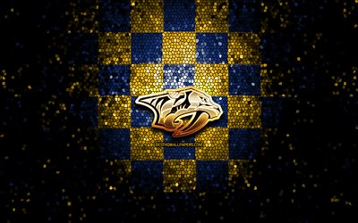 Nashville Predators, glitter-logo, NHL, keltainen sininen ruudullinen tausta, USA, american hockey team, Nashville Predators-logo, mosaiikki taidetta, j&#228;&#228;kiekko, Amerikassa