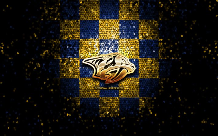 Nashville Predators, glitter logotyp, NHL, gul bl&#229; rutig bakgrund, USA, amerikansk ishockey, Nashville Predators logotyp, mosaik konst, hockey, Amerika