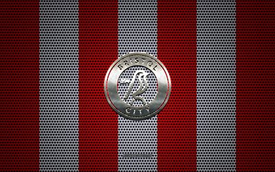 Bristol City FC logo, İngiliz Futbol Kul&#252;b&#252;, metal amblem, kırmızı ve beyaz metal kafes arka plan, Bristol City FC, HAZIRLIK Şampiyonası, Bristol, İngiltere, futbol