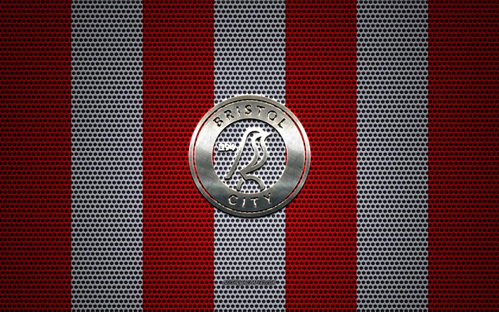 ブリストルシティFCのロゴ, 英語サッカークラブ, 金属エンブレム, 赤と白の金属メッシュの背景, ブリストルシティFC, EFL大会, ブリストル, イギリス, サッカー