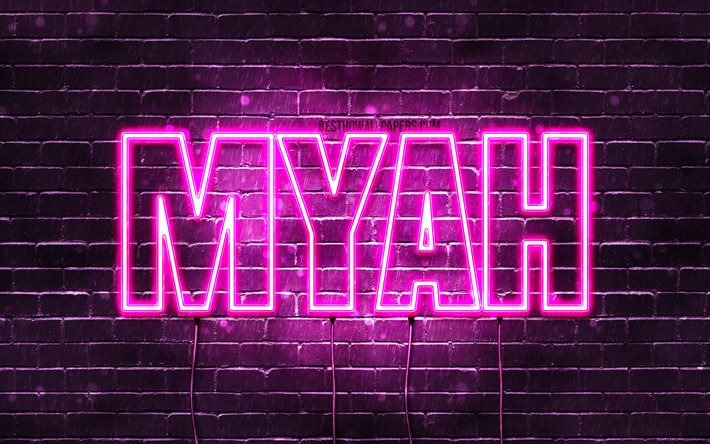 Myah, 4k, tapeter med namn, kvinnliga namn, Myah namn, lila neon lights, Grattis P&#229; F&#246;delsedagen Myah, bild med Myah namn