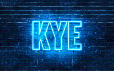 Kye, 4k, les papiers peints avec les noms, le texte horizontal, Kye nom, Joyeux Anniversaire Kye, bleu n&#233;on, photo avec Kye nom