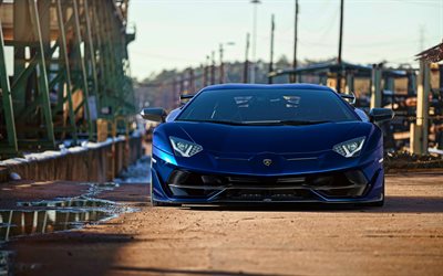 Lamborghini Aventardor SVJ, vista frontal, supercarros, hypercars, carros italianos, azul Aventardor, Lamborghini