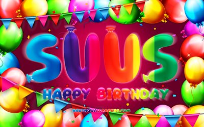 Happy Birthday Suus, 4k, colorful balloon frame, Suus name, purple background, Suus Happy Birthday, Suus Birthday, popular dutch female names, Birthday concept, Suus