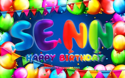 Happy Birthday Senn, 4k, colorful balloon frame, Senn name, blue background, Senn Happy Birthday, Senn Birthday, popular dutch male names, Birthday concept, Senn