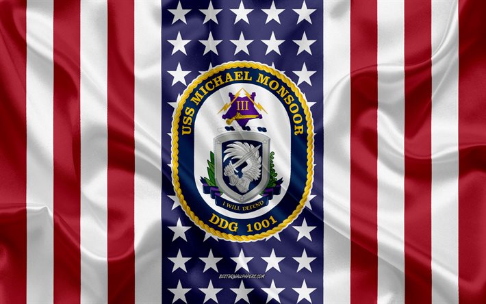 USS Michael Monsoor Emblem, DDG-1001, American Flag, US Navy, USA, USS Michael Monsoor Badge, US warship, Emblem of the USS Michael Monsoor