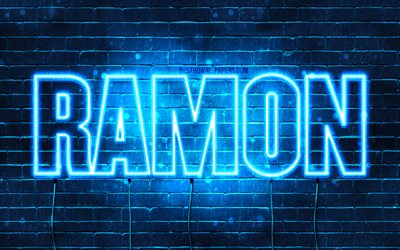 ラモン, 4k, 壁紙名, テキストの水平, ラモンの名前, お誕生日おめでRamon, 青色のネオン, 写真ラモンの名前